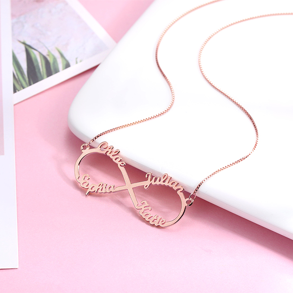 Personalized Infinity Necklace 4 Names Rose Gold Plated