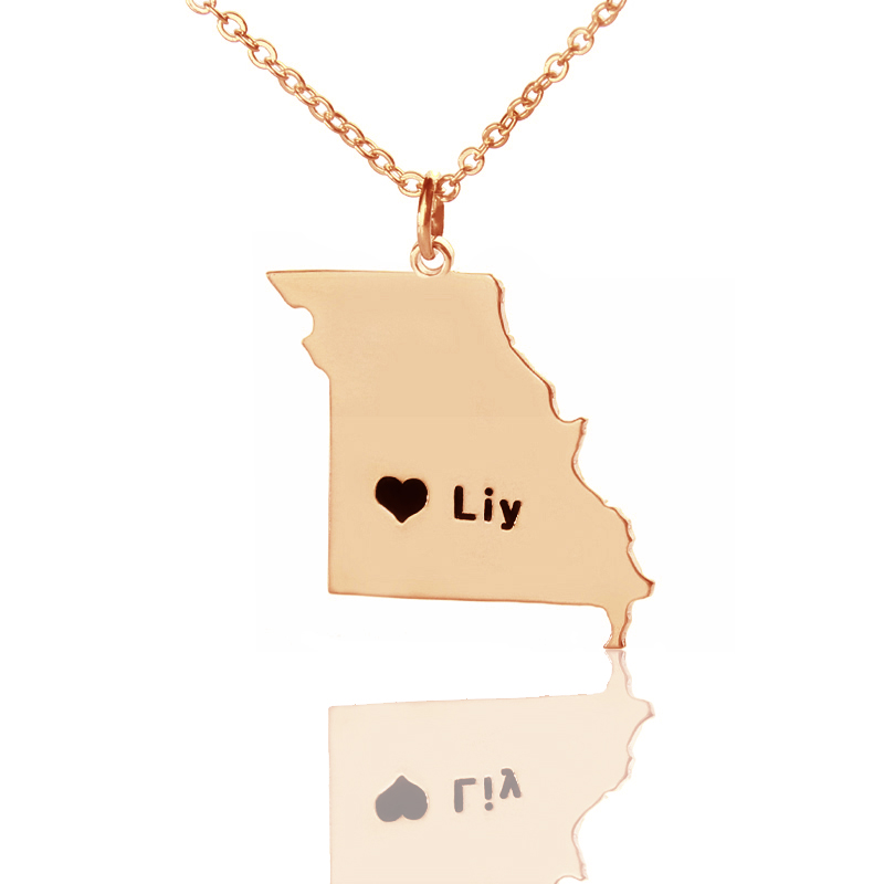 USA State Map Necklace With Heart & Name Rose Gold