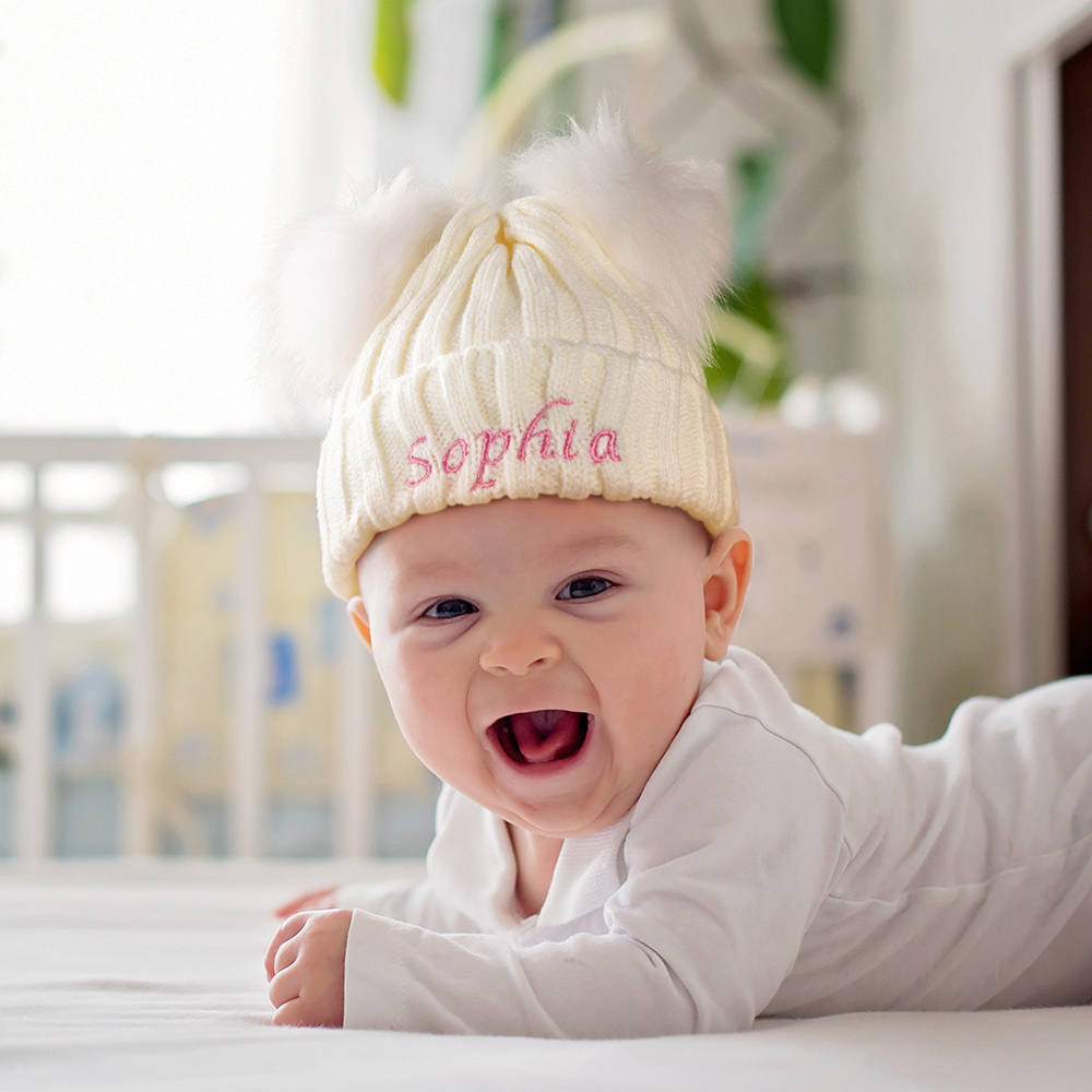 Newborn Pompom Hats with Customizable Name for Baby Shower Gift