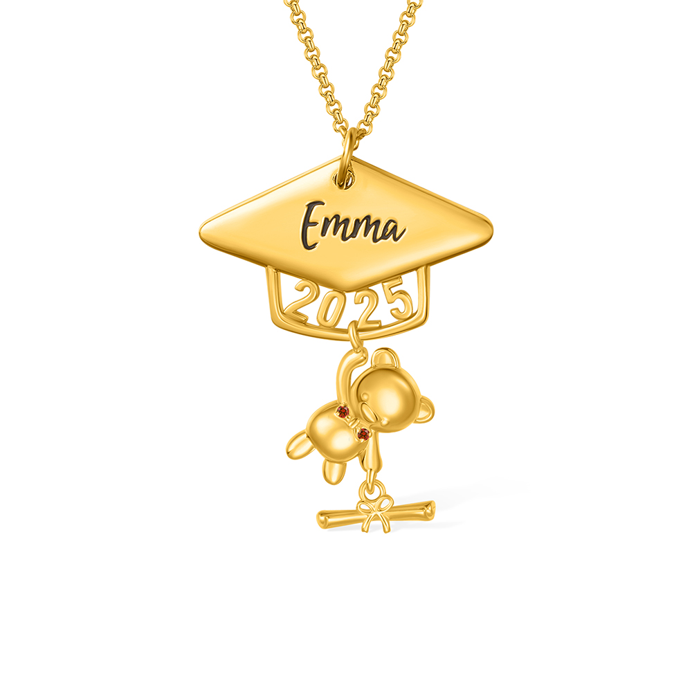 Custom Name Class of 2025 Graduation Bear Necklace, Sterling Silver/Brass Bachelor Cap Bear Necklace, Graduation Gift for Boy/Girl/Student