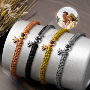 Personalized Photo Projection Charm Bracelet with Initials, Minimalist Braided Rope Bracelet, Anniversary/Valentine's Day Gift for Her/Him/Couples