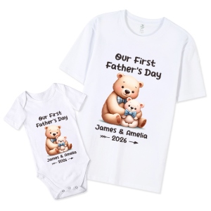 Custom Name Our First Father's Day Parent-Child Matching Shirts, Animal Papa & Kid Design Dad T-Shirt & Baby Bodysuit Set, Gift for Newborns/New Dad