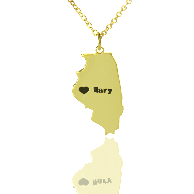 USA State Map Necklace With Heart & Name Gold Plated