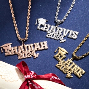 Personalized Class of 2024 Graduation Necklace with Name, Stainless Steel Bachelor Cap Name Necklace, Graduation Gift for Boy/Girl/Friend/Student