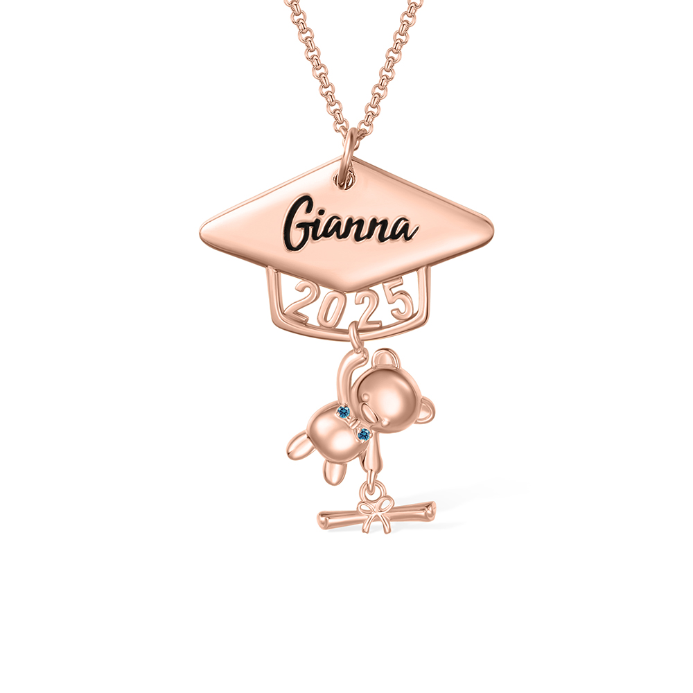 Custom Name Class of 2025 Graduation Bear Necklace, Sterling Silver/Brass Bachelor Cap Bear Necklace, Graduation Gift for Boy/Girl/Student