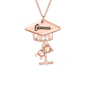 Custom Name Class of 2025 Graduation Bear Necklace, Sterling Silver/Brass Bachelor Cap Bear Necklace, Graduation Gift for Boy/Girl/Student