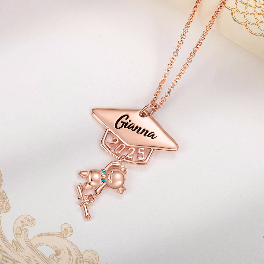 Custom Name Class of 2025 Graduation Bear Necklace, Sterling Silver/Brass Bachelor Cap Bear Necklace, Graduation Gift for Boy/Girl/Student