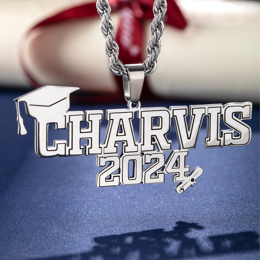 Personalized Class of 2024 Graduation Necklace with Name, Stainless Steel Bachelor Cap Name Necklace, Graduation Gift for Boy/Girl/Friend/Student