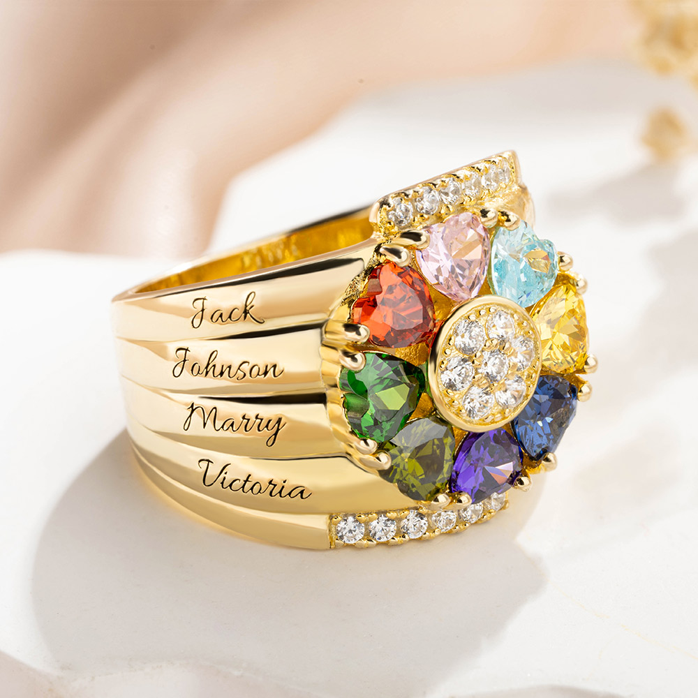 Engraved Double Heart Birthstone Ring Gold Plated