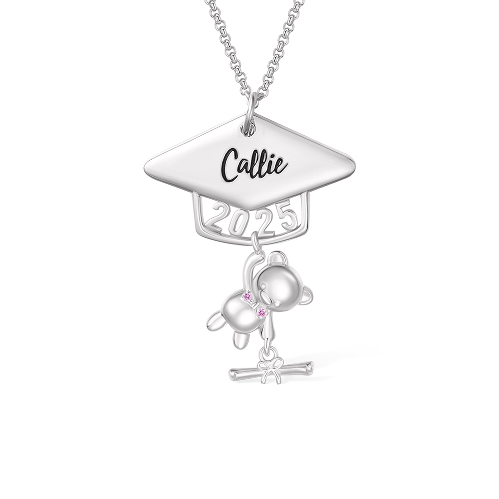 Custom Name Class of 2025 Graduation Bear Necklace, Sterling Silver/Brass Bachelor Cap Bear Necklace, Graduation Gift for Boy/Girl/Student
