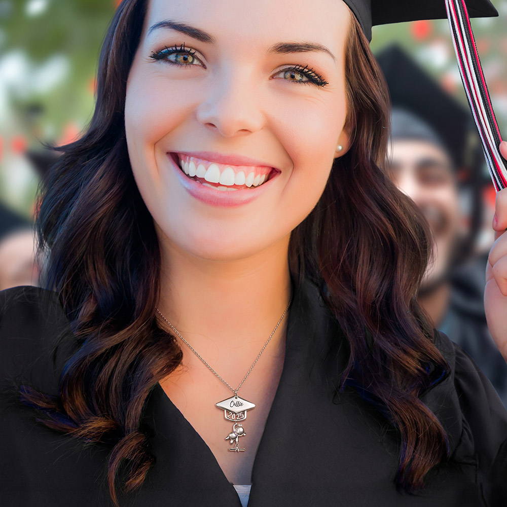 Custom Name Class of 2025 Graduation Bear Necklace, Sterling Silver/Brass Bachelor Cap Bear Necklace, Graduation Gift for Boy/Girl/Student