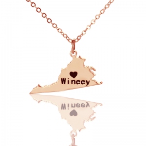 USA State Map Necklace With Heart & Name Rose Gold