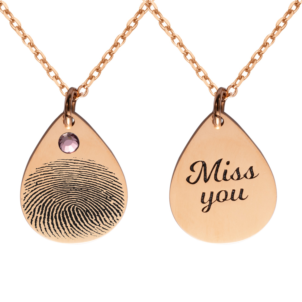 Personalized Fingerprint & Birthstone Water Drop Necklace Stainless Steel