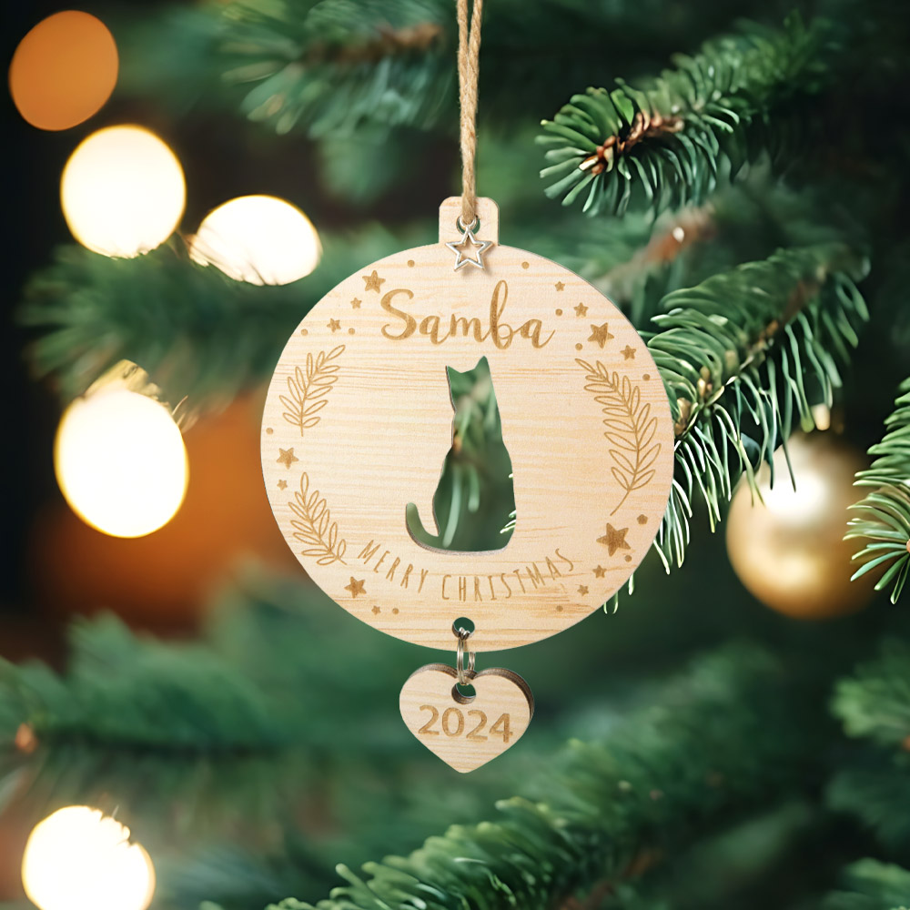 Custom Cat Silhouette Ornament with Name, Wooden First Christmas ...