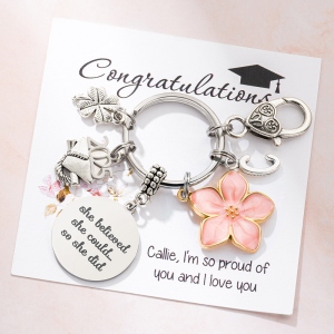 Personalized Pink Flower Four Leaf Clover Graduation Keychain, Custom Initial Keychain with Card, Graduation Gift for Daughter/Sister/Graduate