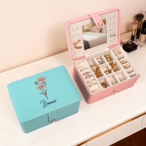 Custom Birth Flower & Name Travel Makeup Box, Multi-functional Makeup Mirror Box with LED Lights, Jewelry/Cosmetics Storage Box, Birthday Gift for Her