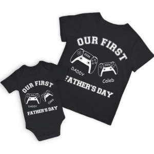 Customized Name Game Console Parent-child Shirt, Dad & Baby Matching Gaming Shirt, Cotton T-shirts/Rompers, Father's Day Gift for New Dads/Babys