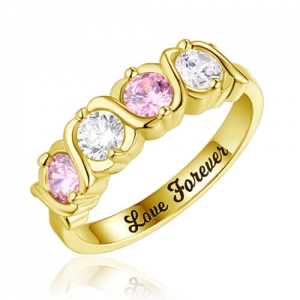Custom 4 Birthstones Hugs and Kisses XoXo Ring Gold Plated