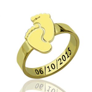 Engraved Baby Feet Ring For Mom 18K Gold Plated Silver