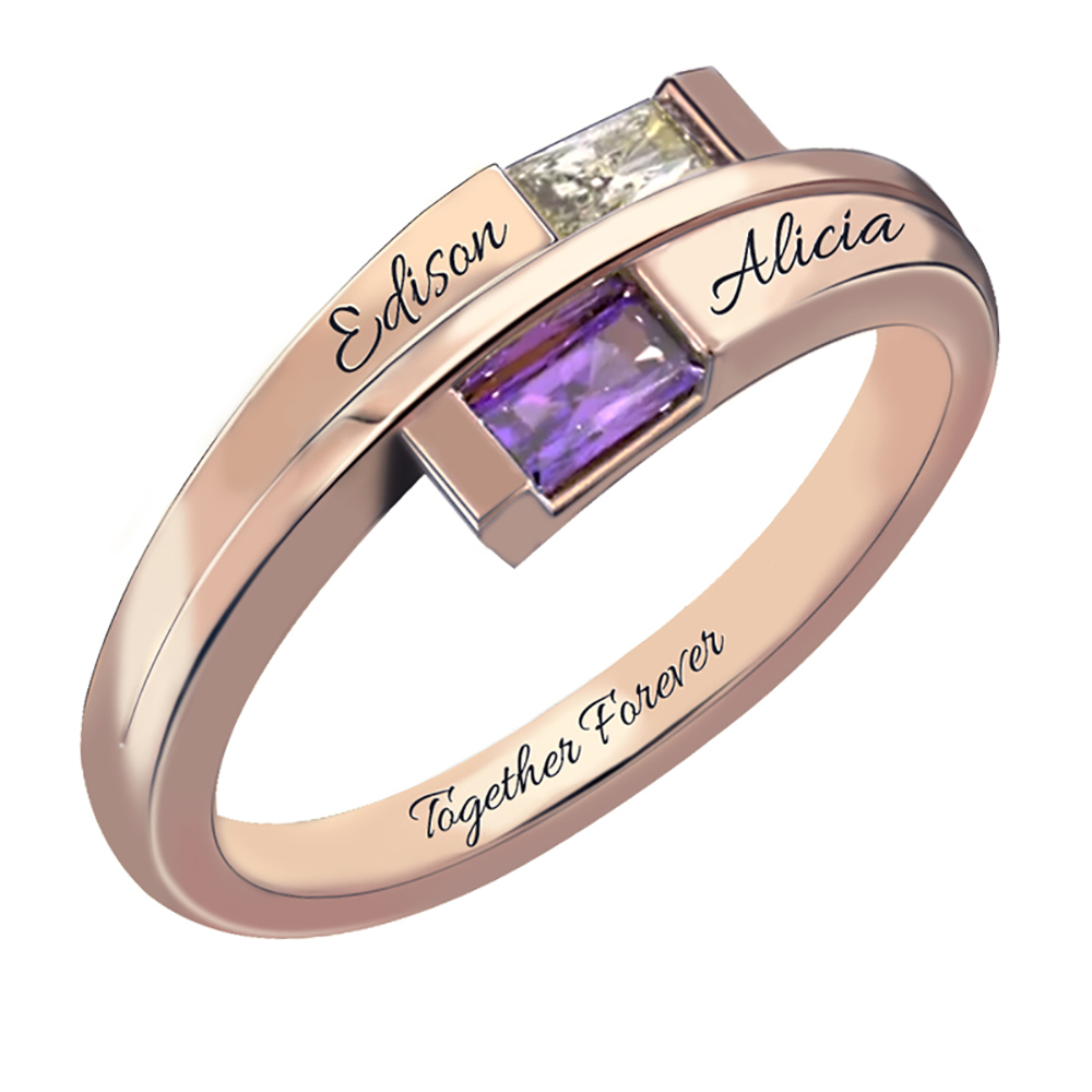 Custom Engraved Two Birthstones Ring in Rose Gold Promise Jewelry Gift for Her