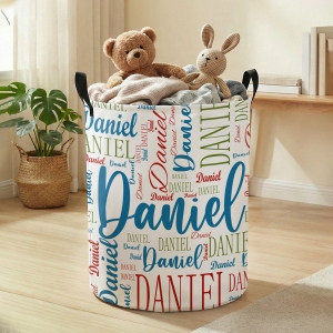 Custom Name Word Cloud Collapsible Storage Basket with Handle, Large Capacity Laundry Basket for Bathroom/Nursery/Living Room, Gift for Kids/Family