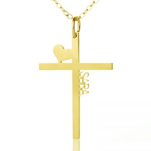 Personalized Gold Plated Silver Cross Name Necklace with Heart