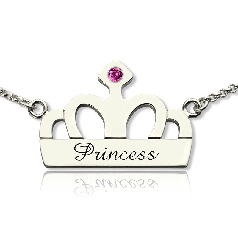 Crown Charm Necklace with Birthstone & Name Sterling Silver
