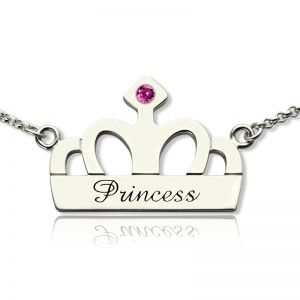 Crown Charm Necklace with Birthstone & Name Sterling Silver