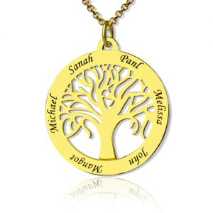 Circle 5 Family Names Tree of Life Pendant Necklace in Gold