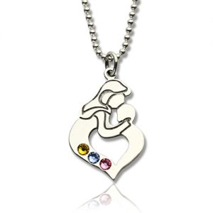 Personalized Mother Child Necklace with Birthstone Silver
