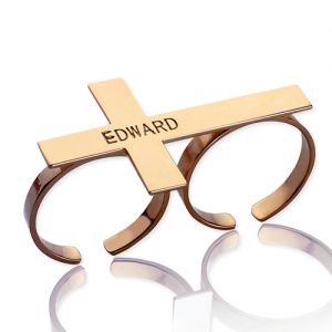 Personalized Two finger Cross Ring with Name Rose Gold