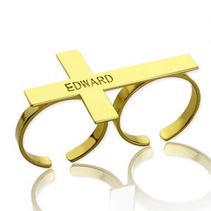 Engraved Name Two finger Cross Ring 18k Gold Plated