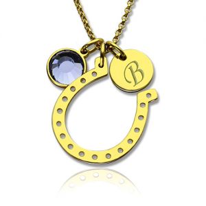 Birthstone Horseshoe Lucky Necklace with Initial Charm 18k Gold Plate