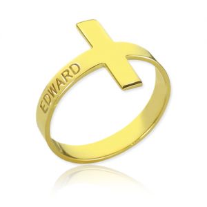 Engraved Name Cross Rings 18k Gold Plated