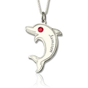 Dolphin Necklace with Birthstone & Name Sterling Silver