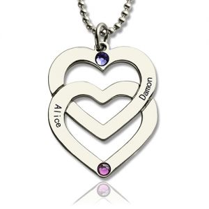 Double Heart Birthstone Necklace Engraved Names Sterling Silver