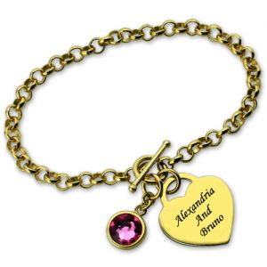 Gold Engravable Birthstone Bracelet with Heart & Name Charm