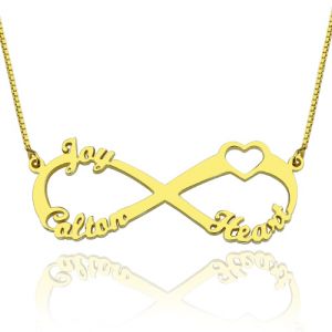 Infinity Necklace 3 Names 1 Heart 18K Gold Plated