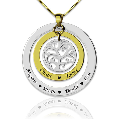 Circle Family Tree with Family Member's Names Necklace in Steel
