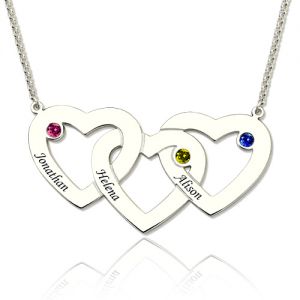 3 Intertwined Hearts Birthstones Name Necklace Sterling Silver