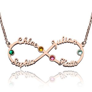 Personalized Infinity Four Name Necklace With Birthstones Rose Gold