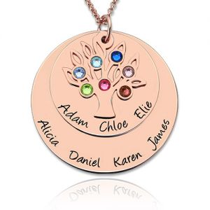 Personalized Disc Family Tree Necklace With Birthstones In Rose Gold