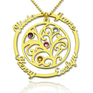 Birthstone Family Tree Necklace with Name for Mothers Stainless Steel