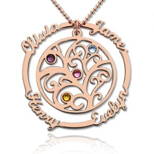 Birthstone Family Tree Necklace with Names for Mother Rose Gold