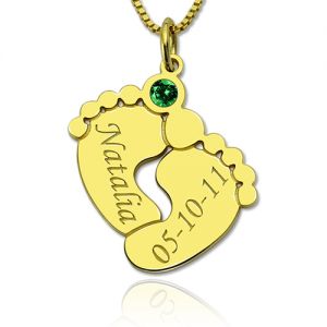 Engraved Birthstone Baby Feet Necklace with Name & Birthday