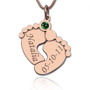 Engraved Baby Feet Necklace with Personalized Birthstone Rose Gold