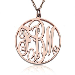 Personalized Rose Gold Plated Silver 925 Vine Font Circle Initial Monogram Necklace