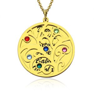 18K Gold Plated Family Tree Birthstone Name Necklace