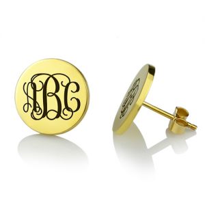 Engraved Disc Monogram Stud Earrings 18K Gold Plated Silver