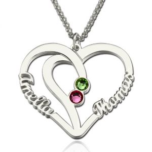 Heart Names Necklace with Two Birthstones Sterling Silver